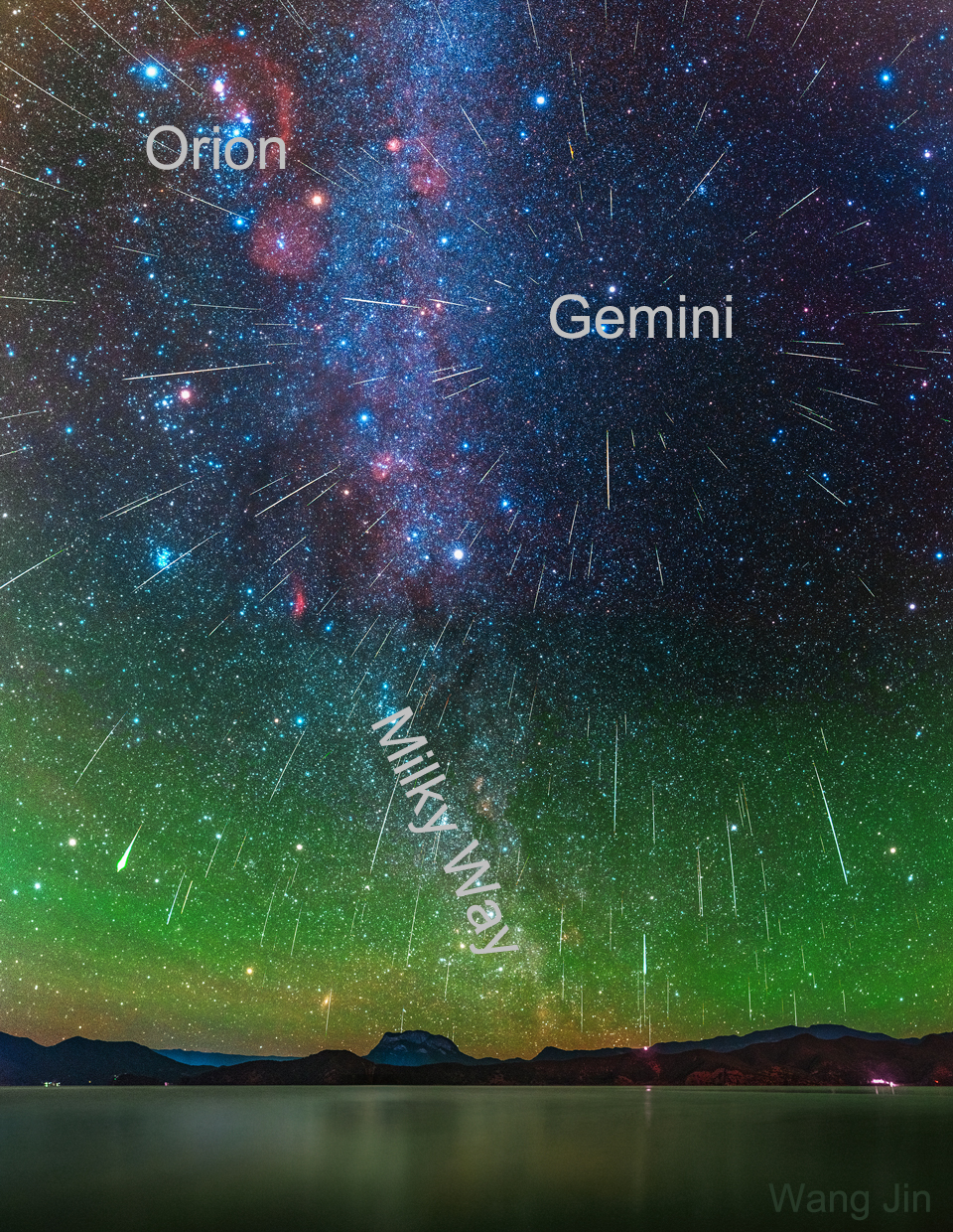 The picture shows a composite of over 200 Geminid meteors
from the 2020 Geminids meteor shower over Lake Lugu in Yunnan, China.
Please see the explanation for more detailed information.
