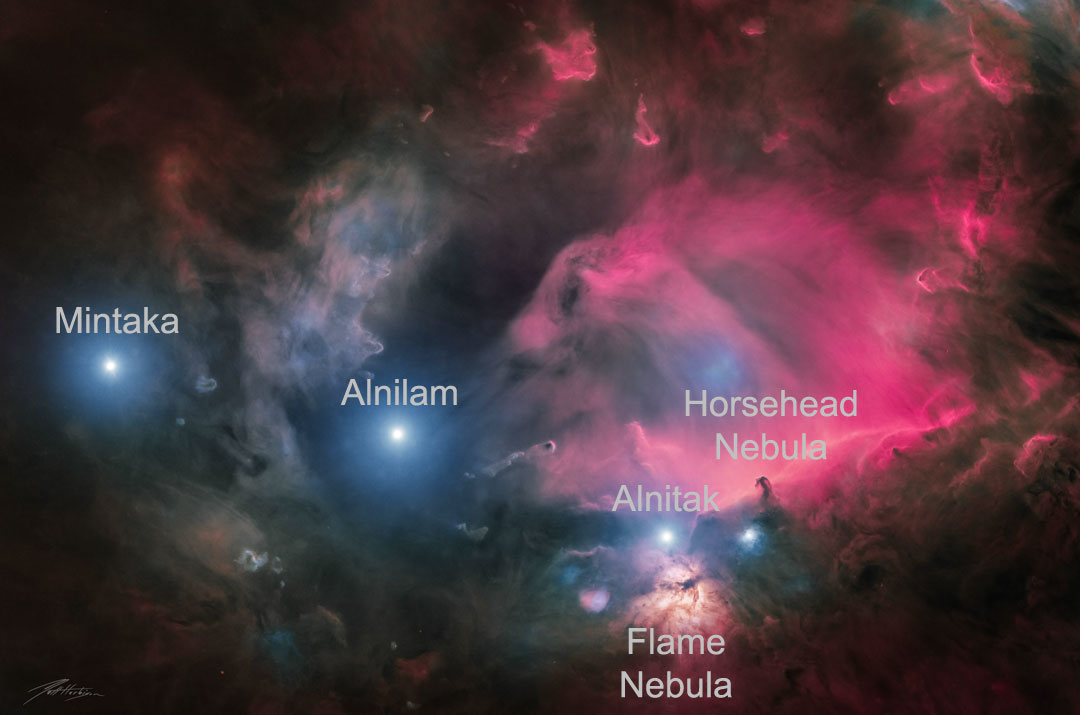 The featured image shows the belt of three stars in the
constellation of Orion with surrounding dust and gas
but with all of the other stars removed.
Please see the explanation for more detailed information.