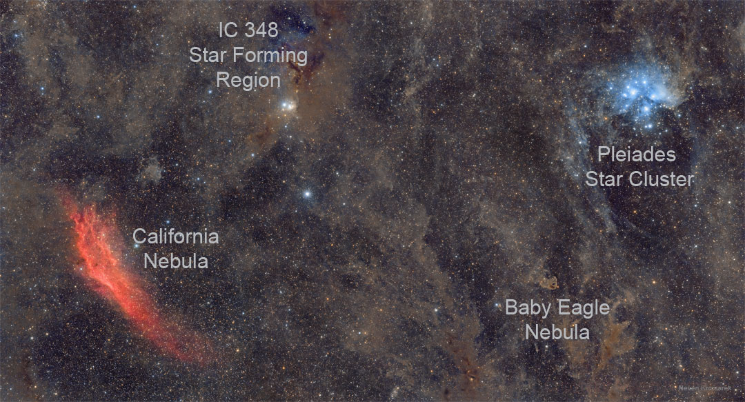 The featured image shows a wide field with the
red California Nebula on the far left, the blue
Pleiades Star Cluster on the right, and much brown
interstellar dust in between.
Please see the explanation for more detailed information.