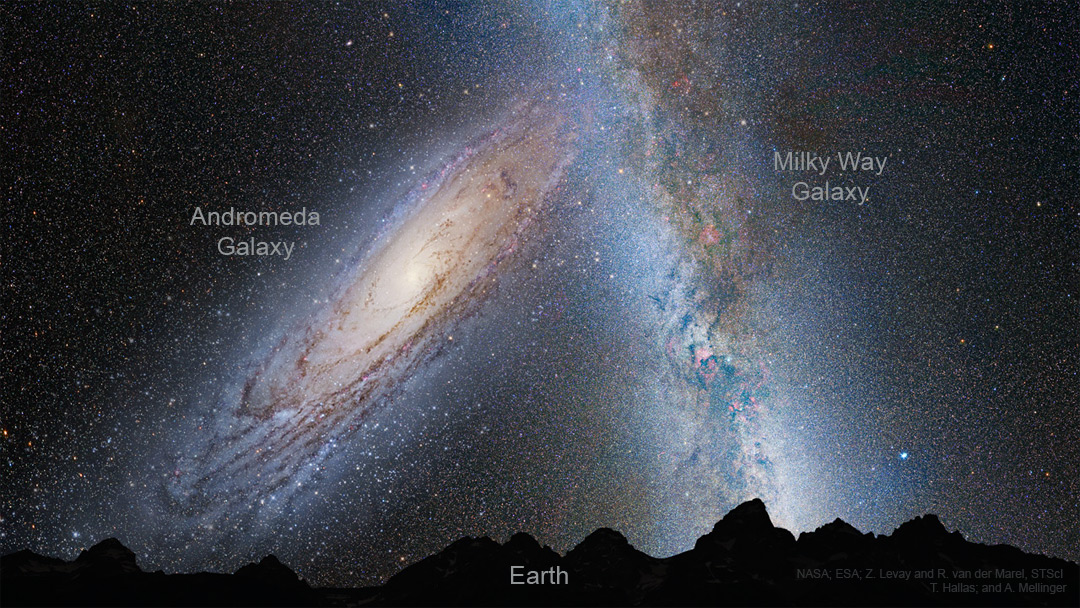 The featured image is a combination graphic showing the Andromeda
galaxy on approach toward our Milky Way galaxy, set for a collision
in about 4.5 billion years.
Please see the explanation for more detailed information.