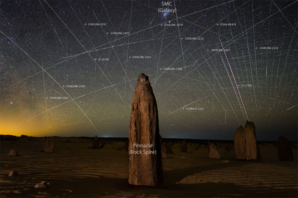 The featured image shows the rock spires known as
Pinnacles that occur in Australia. Behind the spires is a
sky filled with satellite trails, including many from the
Starlink constellation of low-Earth orbit satellites.
Please see the explanation for more detailed information.