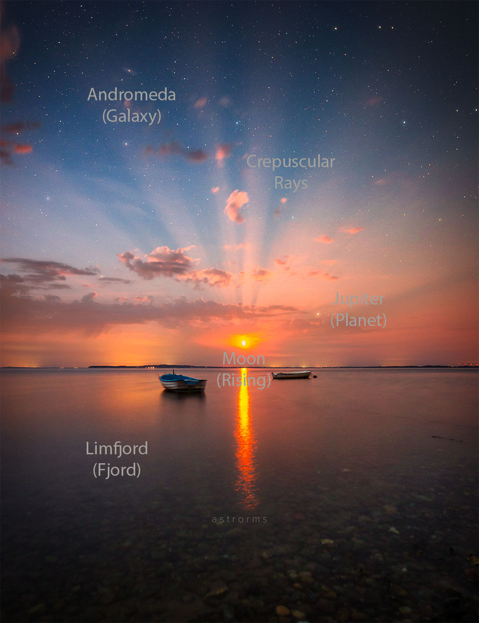 The featured image shows the Moon rising over water surrounded by
bright rays that peek through clouds.
Please see the explanation for more detailed information.