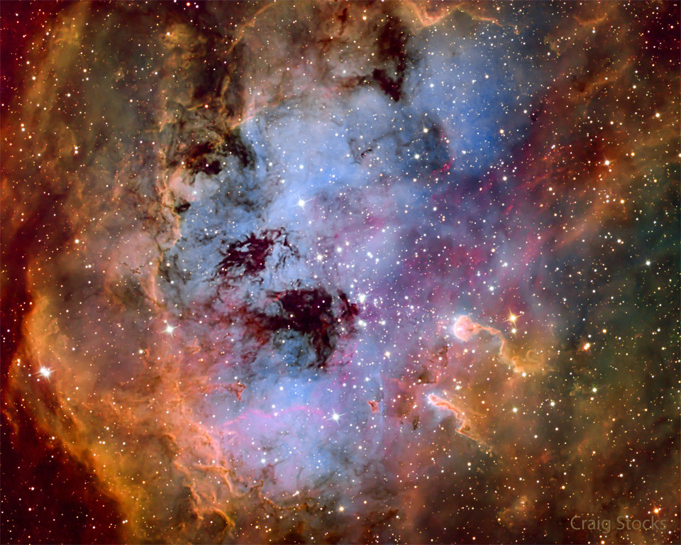 The featured image shows a glowing star forming region
rich in glowing gas and dark dust. Two dusty pillars on the
right resemble tadpoles.
Please see the explanation for more detailed information.