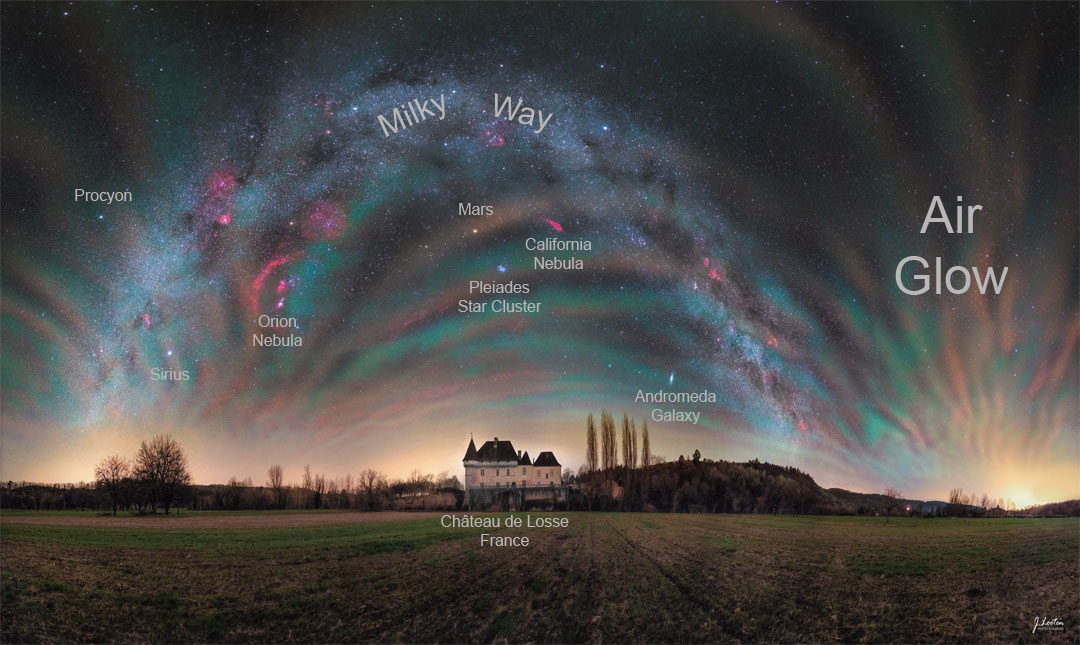 The sky over a picturesque chateau in France is shown featuring
colorful airglow all around. Identifiable in the background night sky
are objects that include the Orion Nebula, Sirius, Mars, and an
arching band of our Milky Way Galaxy.
Please see the explanation for more detailed information.