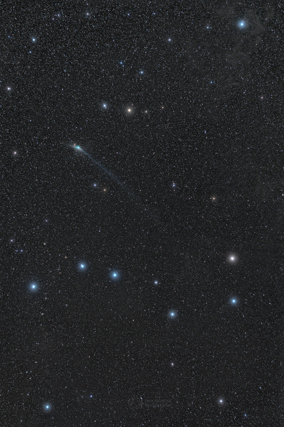 The featured image shows Comet ZTF with a long tail between two famous
star asterisms: the Big Dipper and the Little Dipper. The image depicts
the Little Dipper near the top of the image, and the Big Dipper near
the bottom.
Please see the explanation for more detailed information.