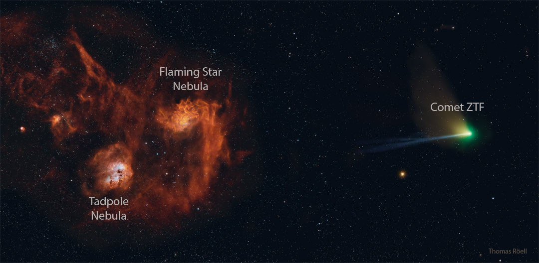 Pictured are two red nebulas on the far left and center, and
a comet complete with a green coma and a long blue ion tail on the far right.
Please see the explanation for more detailed information.