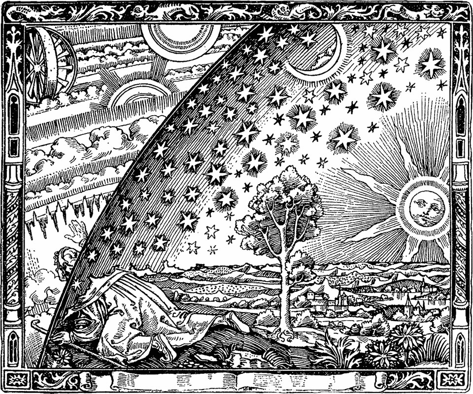 Črno-bela črtna risba prikazuje osebo, ki kuka
izven sferične sobe v vesolje.
Za podrobnejše informacije si oglejte razlago.