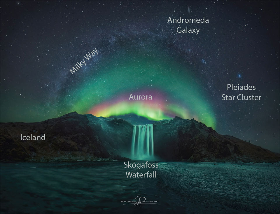A waterfall is shown in the image center below a starry
sky. Arching above the waterfall is a colorful aurora. Arching
above the aurora is the central band of the Milky Way.
Please see the explanation for more detailed information.