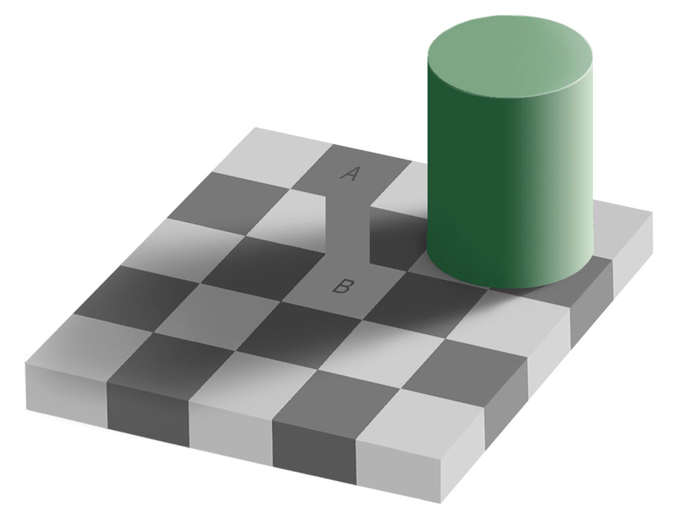 A checkerboard is shown with squares colored light and dark grey.
A green tube sits on the board and casts a shadow. The image has a
letter A typed on a dark square, and a letter B types on a light square
cast in shadow. The question is asked if the two squares, A and B, are
really the same color.
Please see the explanation for more detailed information.
