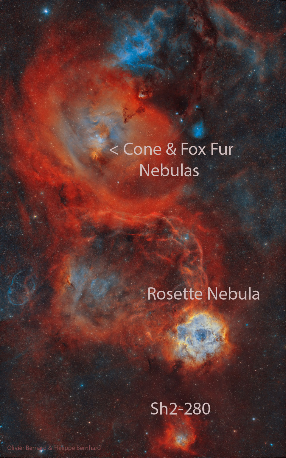 A busy star field is shown with several large red
nebulae. The Rosette Nebula is among them and seen on
the lower right, while the nebula surrounding the
Cone Nebula is larger and visible toward the upper left.
Please see the explanation for more detailed information.