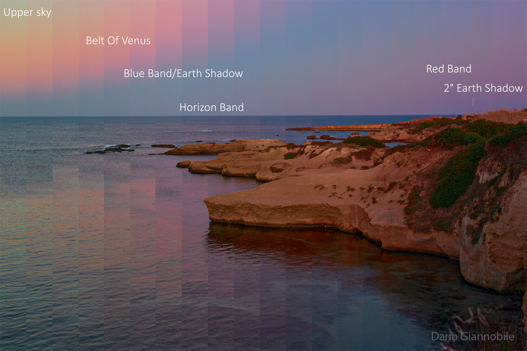 A rocky shoreline is shown with land on the right and water
on the left. Above is a sky that shows unusually pixelated and colored
vertical bands.
Please see the explanation for more detailed information.