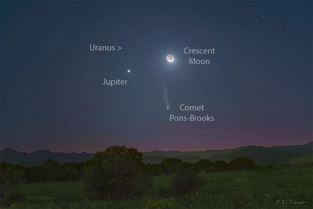 
A starry sky is seen over a dark grassy landscape. Three bright
objects are seen in the sky. They are Jupiter on the upper left,
a crescent Moon on the upper right, and Comet Pons-Brooks below
them, making a triangle. Two tails are seen extending nearly
upwards from the comet.
Please see the explanation for more detailed information.