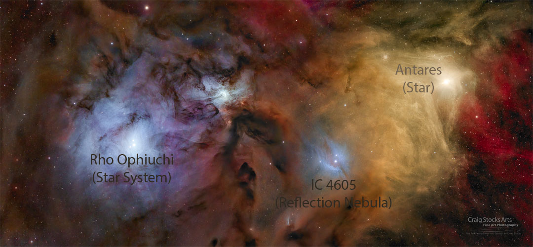 Colorful nebula and stars fill the wide images. The yellow star
Antares is visible on the left and blue reflection nebula surround
a central nebula and the nebula on the right surrounding the Rho
Ophiuchi star system.
Please see the explanation for more detailed information.