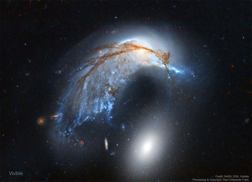 Two large interacting galaxies are shown. The upper
galaxy, has significant internal structure and is curved
over the lower galaxy which is a featureless oval.
Please see the explanation for more detailed information.