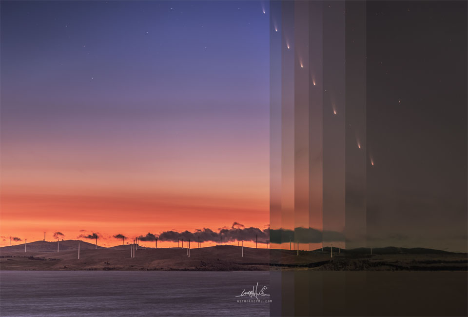 A sunrise sky is shown over water and trees. The horizon
is orange and the top of the image is deep blue. On the far
right vertical bands are shown becoming progressively darker.
In each band a comet appears, with the comet appearing
increasingly near the top of the image on lighter bands.
The main part of the image on the left is the lightest.
Please see the explanation for more detailed information.