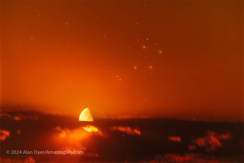 The featured image shows an orange sky
with clouds across the bottom and several bright stars
near the top center. Just at the top of the cloud deck
on the left is a half-lit Moon.
Please see the explanation for more detailed information.