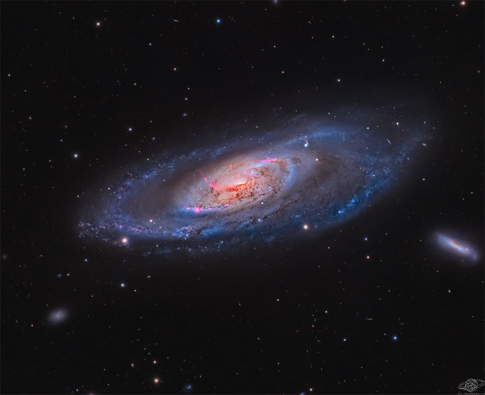 A spiral galaxy with blue spiral arms and a bright
center is shown. The galaxy is surrounded by foreground
stars and two smaller galaxies. In the galaxy's center
are dark brown dust and red emission filaments.
Please see the explanation for more detailed information.