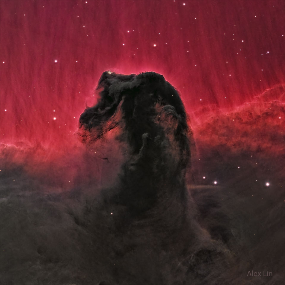 The top half glows red, while the bottom half is filled
 with dark dust. Protruding into the red is a dark dust
lane that resembles a horse's head.
Please see the explanation for more detailed information.