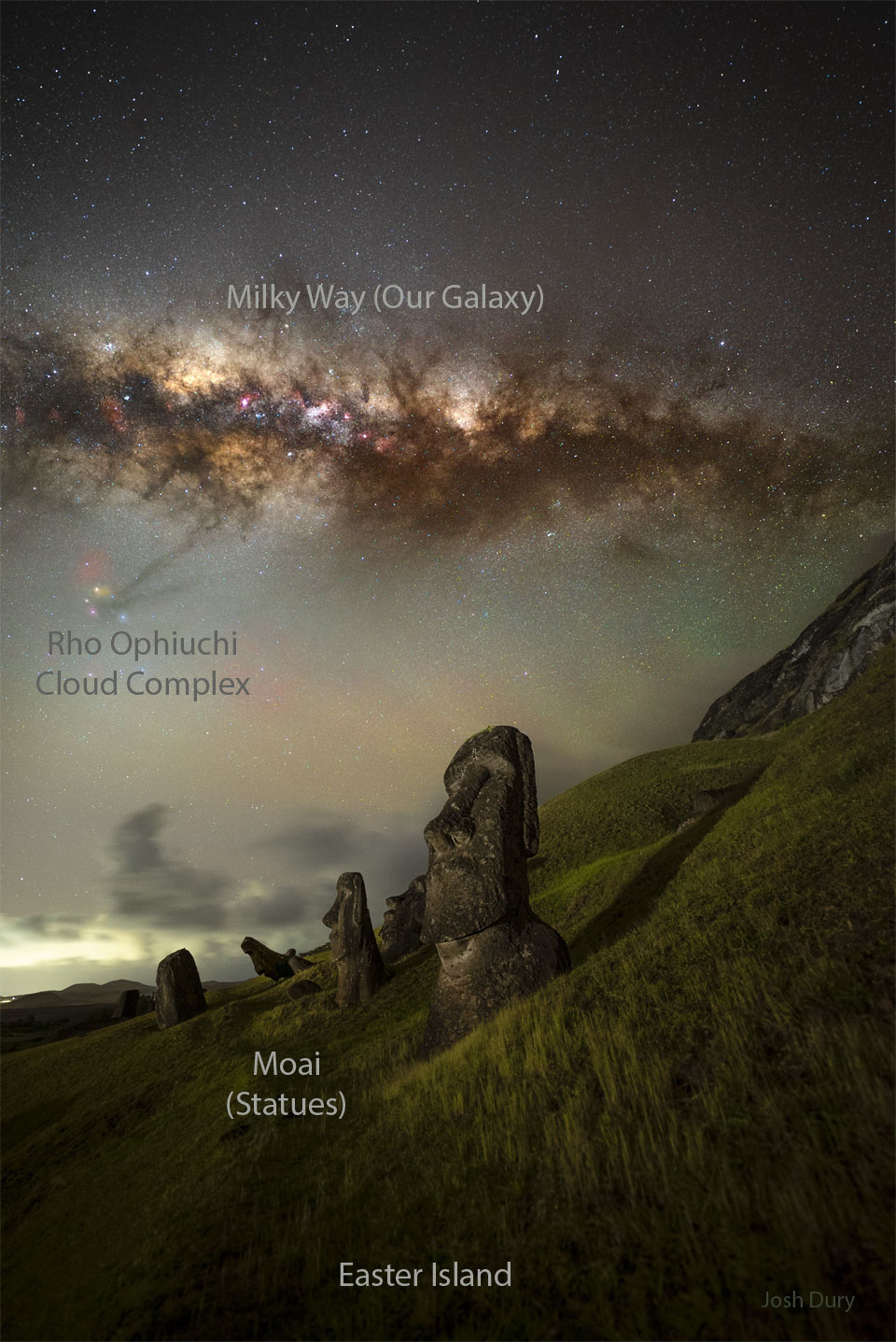 A grassy hill appears in the foreground with tall statues
of human heads embeddd. High overhead the central band of the
Milky Way galaxy crosses horizontally. Above the Milky Way is
a dark sky filled with stars.
Please see the explanation for more detailed information.