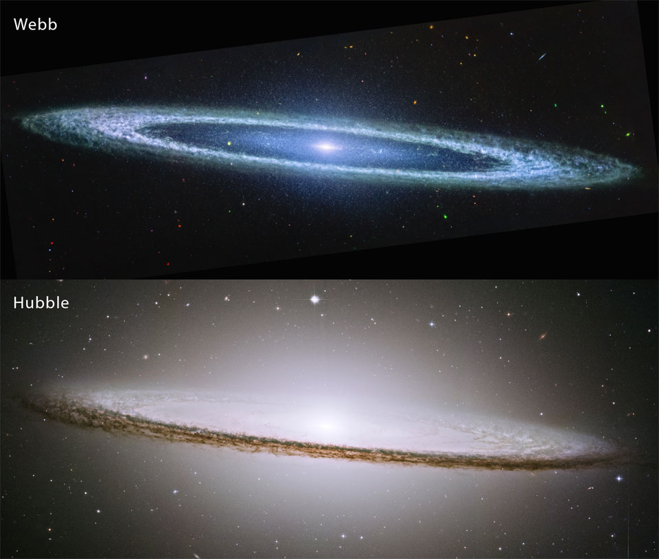 The top panel shows a flat ring with a bright center
in blue, even though it was taken in near infrared light.
The bottom panel shows the same galaxy in visible light
and shows a brighter and more expansive center against
which the flat ring appears dark.
Please see the explanation for more detailed information.