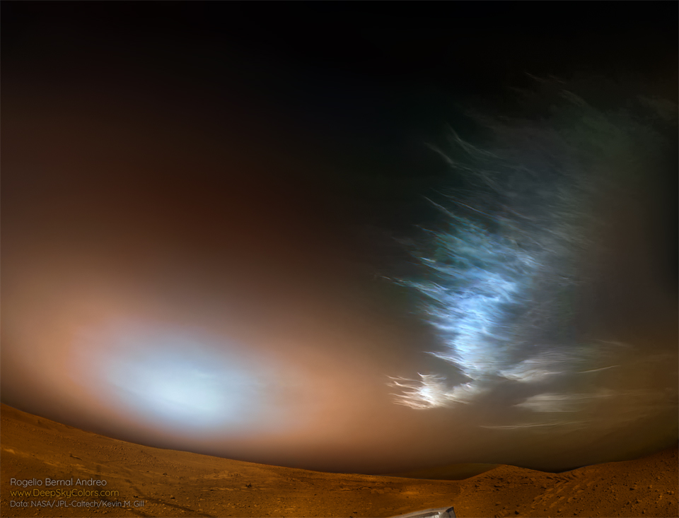 Ice clouds are seen over the surface of Mars on the upper
right. Toward the lower left is a bright spot in the sky which
is likely the Sun setting through Martian dust.
Please see the explanation for more detailed information.