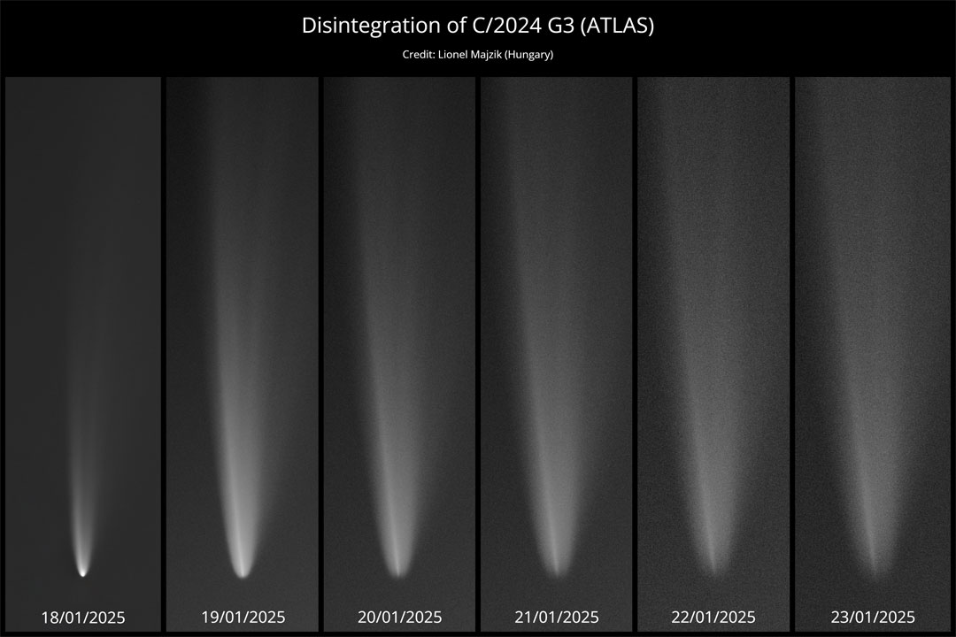 A series of comet images is shown. On the far left the
image shows Comet G3 ATLAS with a bright central concentration
at its head near the bottom of the frame. By the far right,
this central concentration is nearly gone.
Please see the explanation for more detailed information.