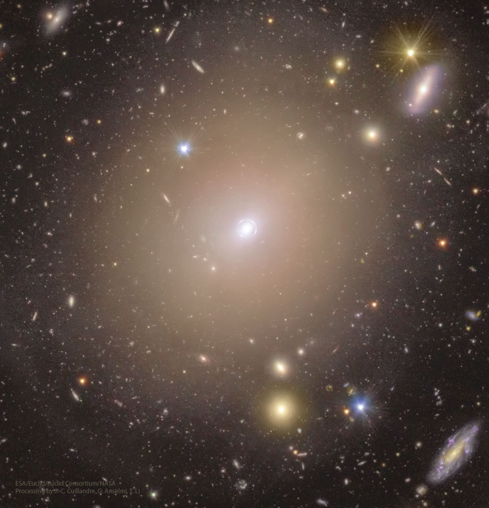 A cluster of galaxies is shown with many galaxies
around the cluster center. A close look at this center
shows that it is encompassed by a narrow ring of light.
Please see the explanation for more detailed information.