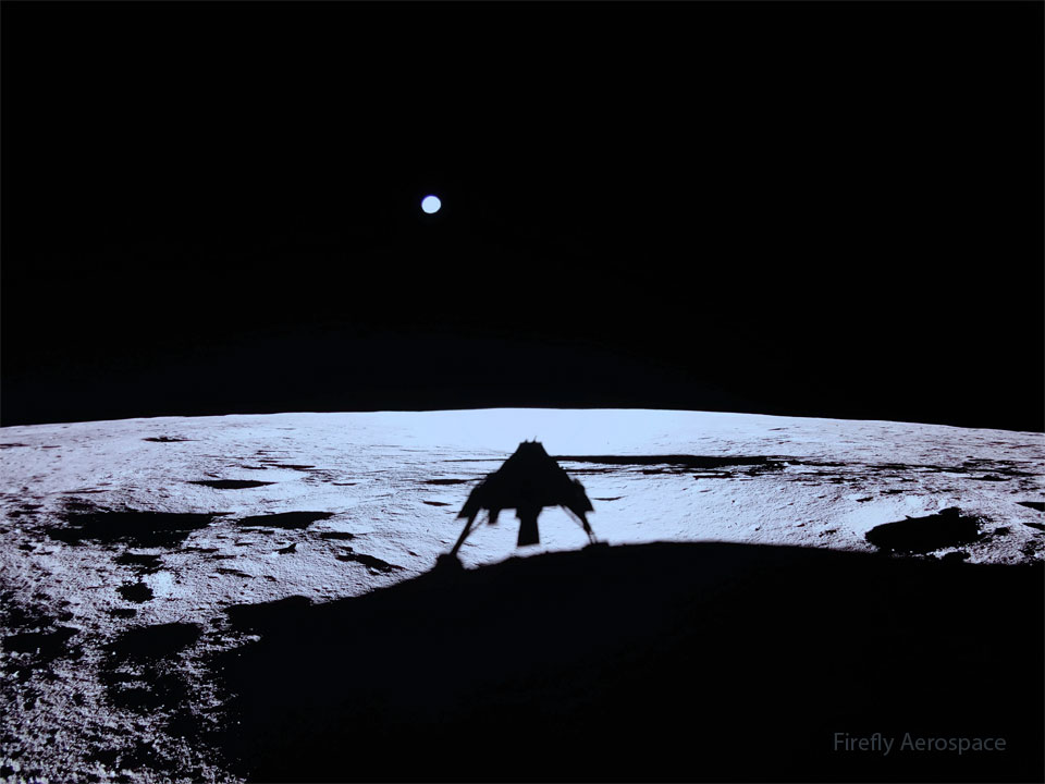 A dark sky is shown above a bright desolate landscape.
The landscape is the Moon and large shadows appear, with
one being the shadow of lunar lander. A bright dot appears
over the horizon that is distant planet Earth.
Please see the explanation for more detailed information.