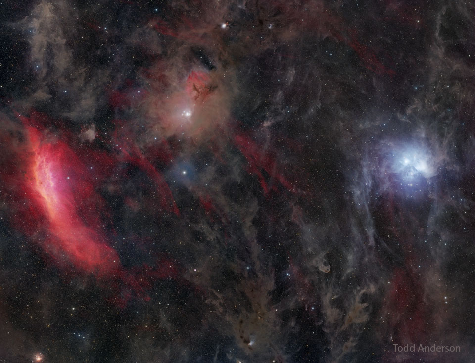 The featured image shows a wide field with the
red California Nebula on the left, the blue
Pleiades Star Cluster on the right, and much brown
interstellar dust in between.
Please see the explanation for more detailed information.