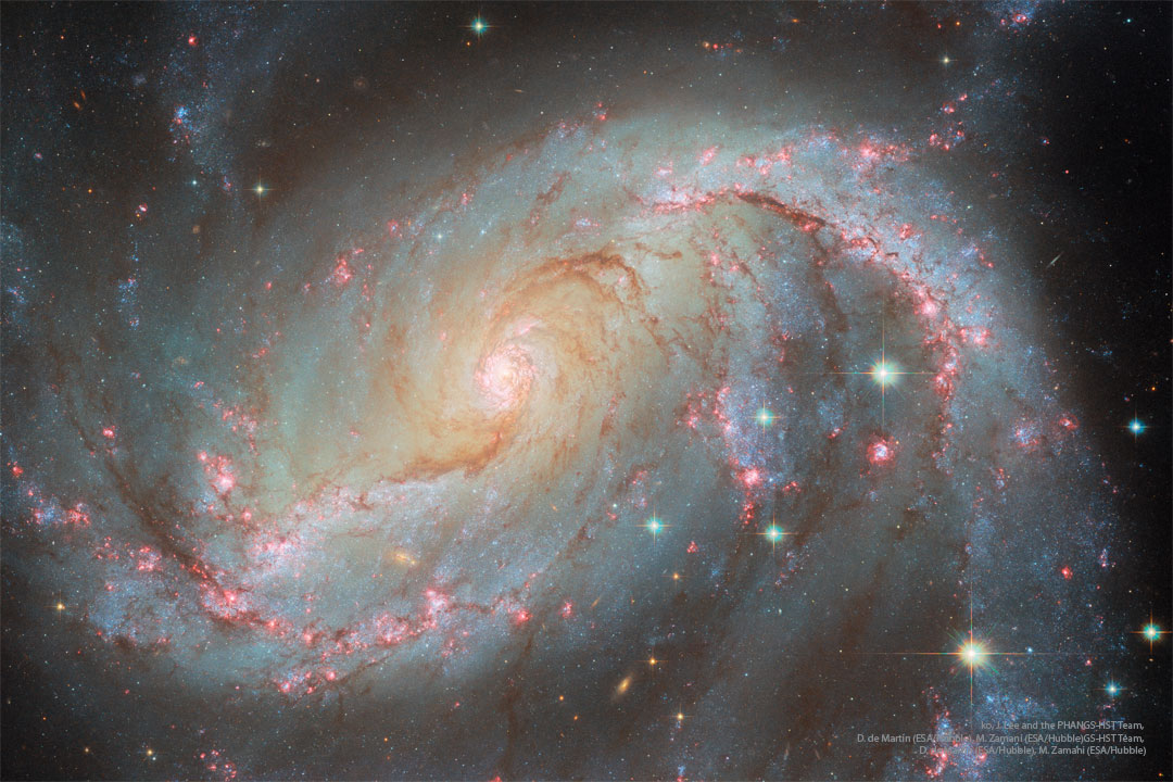 A spiral galaxy is shown in great detail. Visible
are blue star clusters, red nebulas, and brown dust
in a spiral pattern around the image and galaxy center.
Please see the explanation for more detailed information.