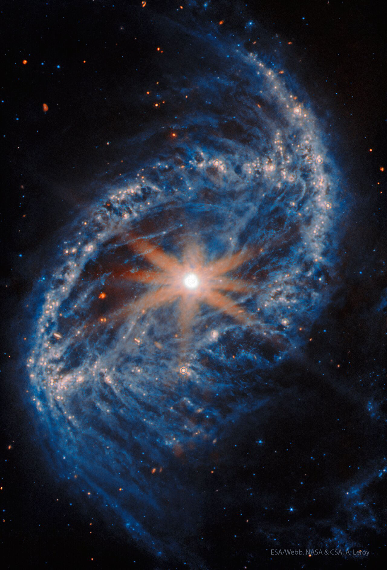 An oval galaxy is shown against a field of stars.
The outer rings shows many bright blue stars. In the
center is a bright nucleus with eight spikes jutting out.
Please see the explanation for more detailed information.