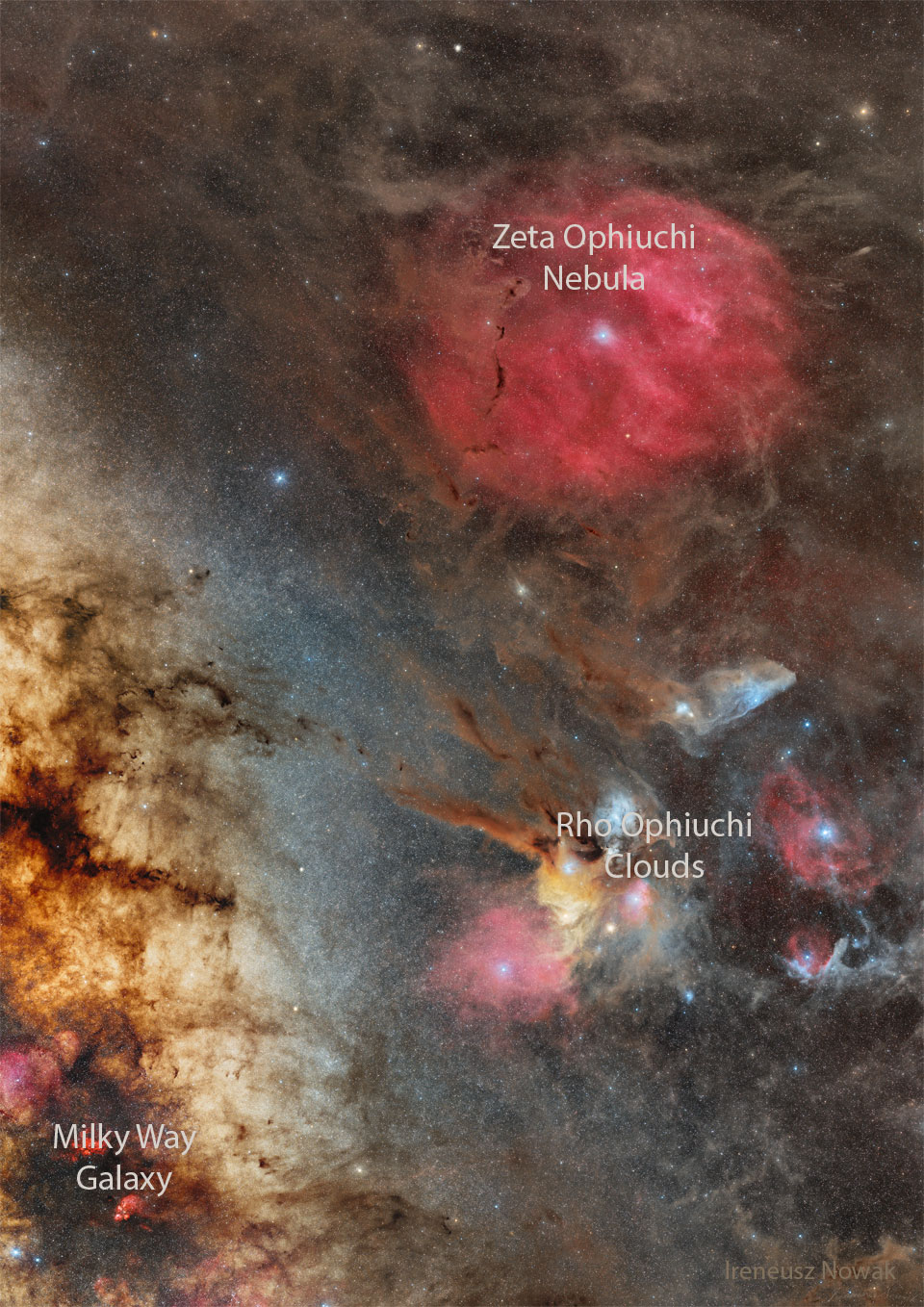 A very colorful sky field is shown featuring many stars and
nebulas that appear red, yellow, blue, and brown.
Please see the explanation for more detailed information.