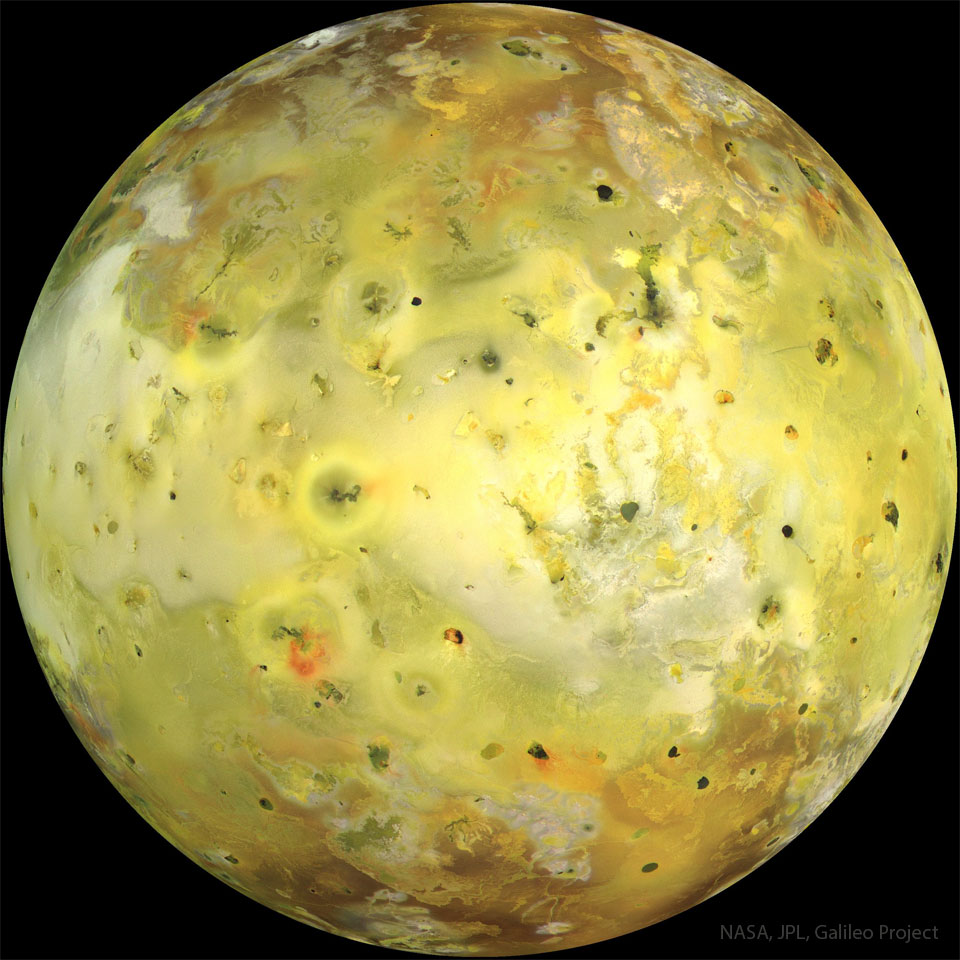 A big ball that is mostly yellow is shown.
The ball has many circular and irregular regions
that are different colors, typically brown or
olive green.
Please see the explanation for more detailed information.
