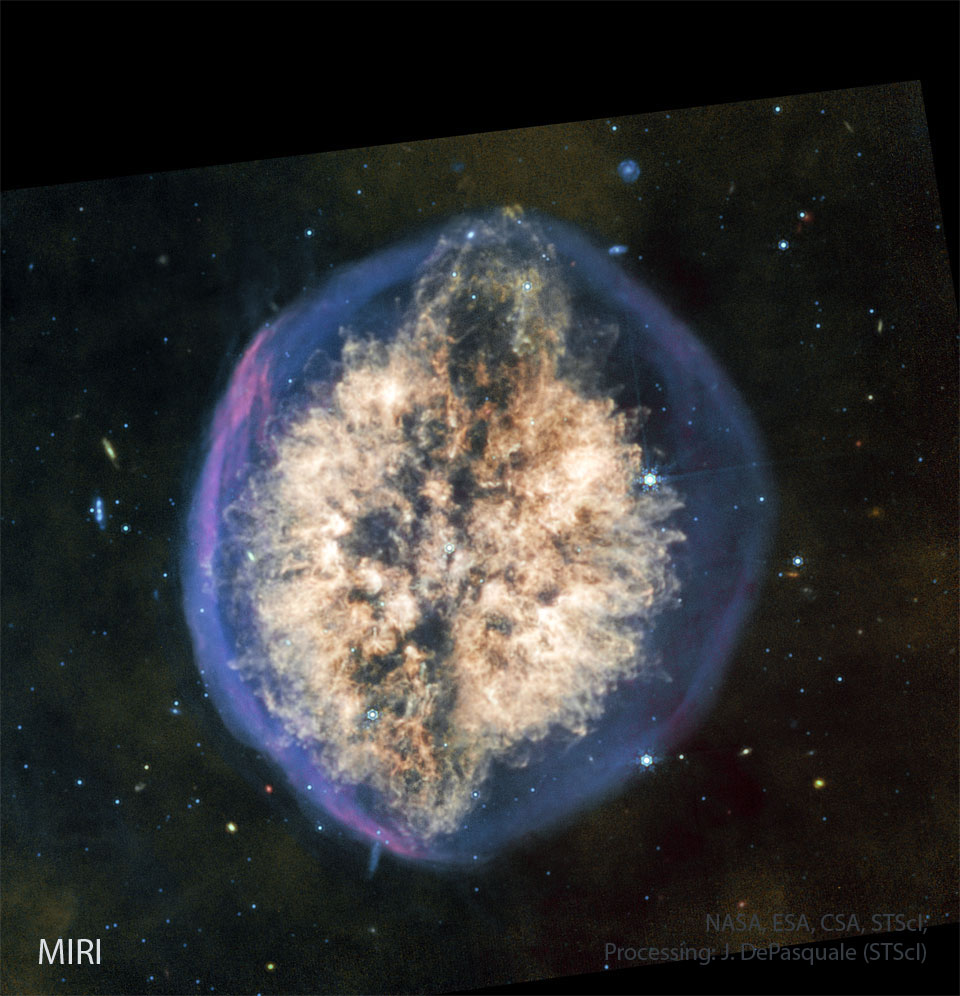 The featured image shows a starfield surrounding a
nebula that resembles the human brain. A blue outer oval
has a bright nebulosity inside.
Please see the explanation for more detailed information.