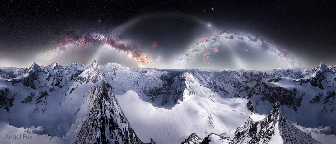 A starry sky is seen above snowy mountains. In the
sky three arches are visible, with the Milky Way on either side
and zodiacal light in the center.
Please see the explanation for more detailed information.