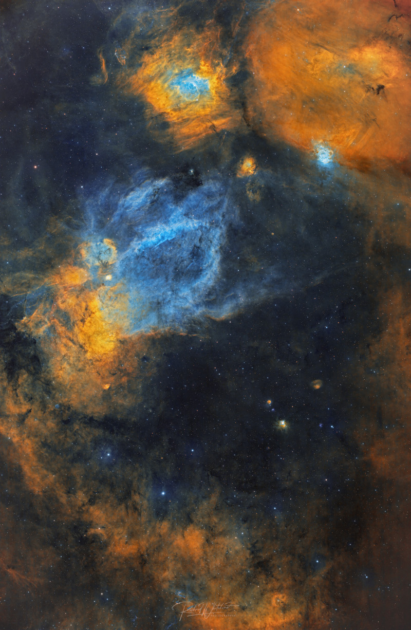 Large clouds of interstellar gas and dust of various shapes and sizes cover the image. A cloud shaped like a bubble
sits atop the image, while a cloud shaped like a claw is in the middle.