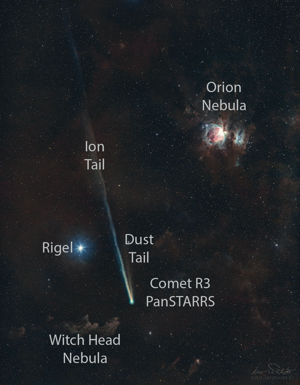 A starfield appears featuring a comet with a long tail
that extends from the lower right to the upper left. To the
left of the comet is a bright star, and above the comet and
to the right is a red and white nebula.
Please see the explanation for more detailed information.