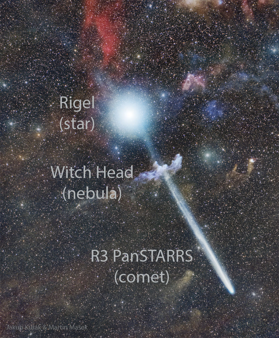 A starfield appears with three large objects. Near the top is a
bright star. Near the middle is a small light blue nebula. And
near the bottom is a comet with its long tail extending to the
upper left and passing in front of both the star and the blue
nebula.
Please see the explanation for more detailed information.