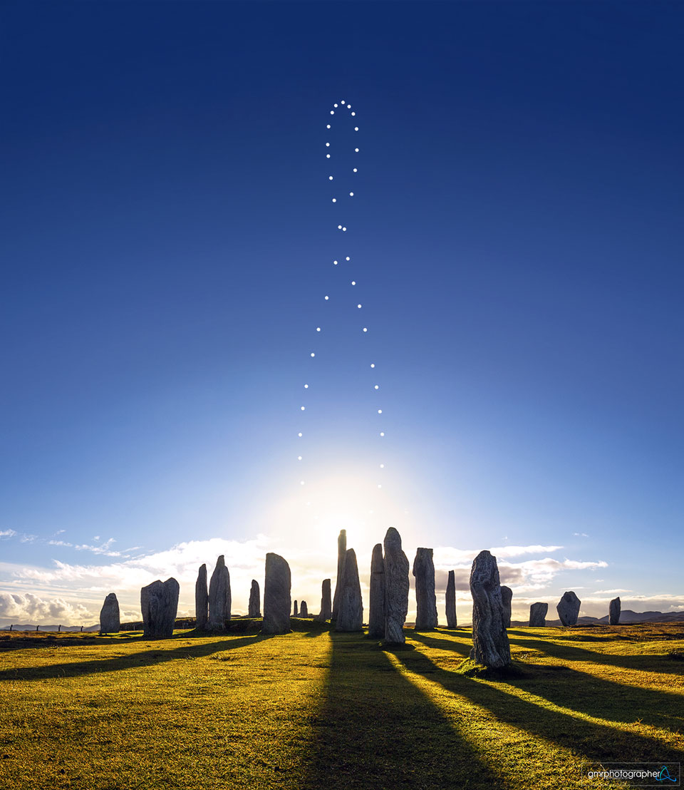 The featured image the Sun in many positions above
the Callanish stones.
Please see the explanation for more detailed information.