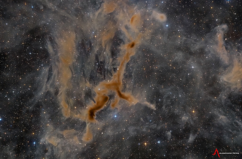 A brown nebula in the shape of a running giraffe
	  is seen in front of a dark field of stars.